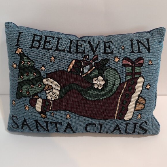 Vintage Christmas Tapestry Accent Pillow "I Believe in Santa Claus" 12"×8" Blue - Picture 1 of 5
